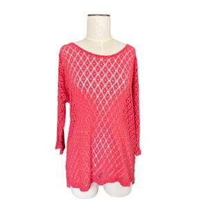 Chico's Size 2 Women's L / 12 Open Knit Tunic Top Coral Sweater Coastal Beach